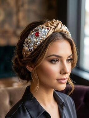 Embellished Satin Headband in Gold With Jeweled Accents NWOT